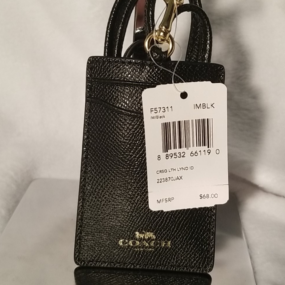 Coach black textured leather lanyard